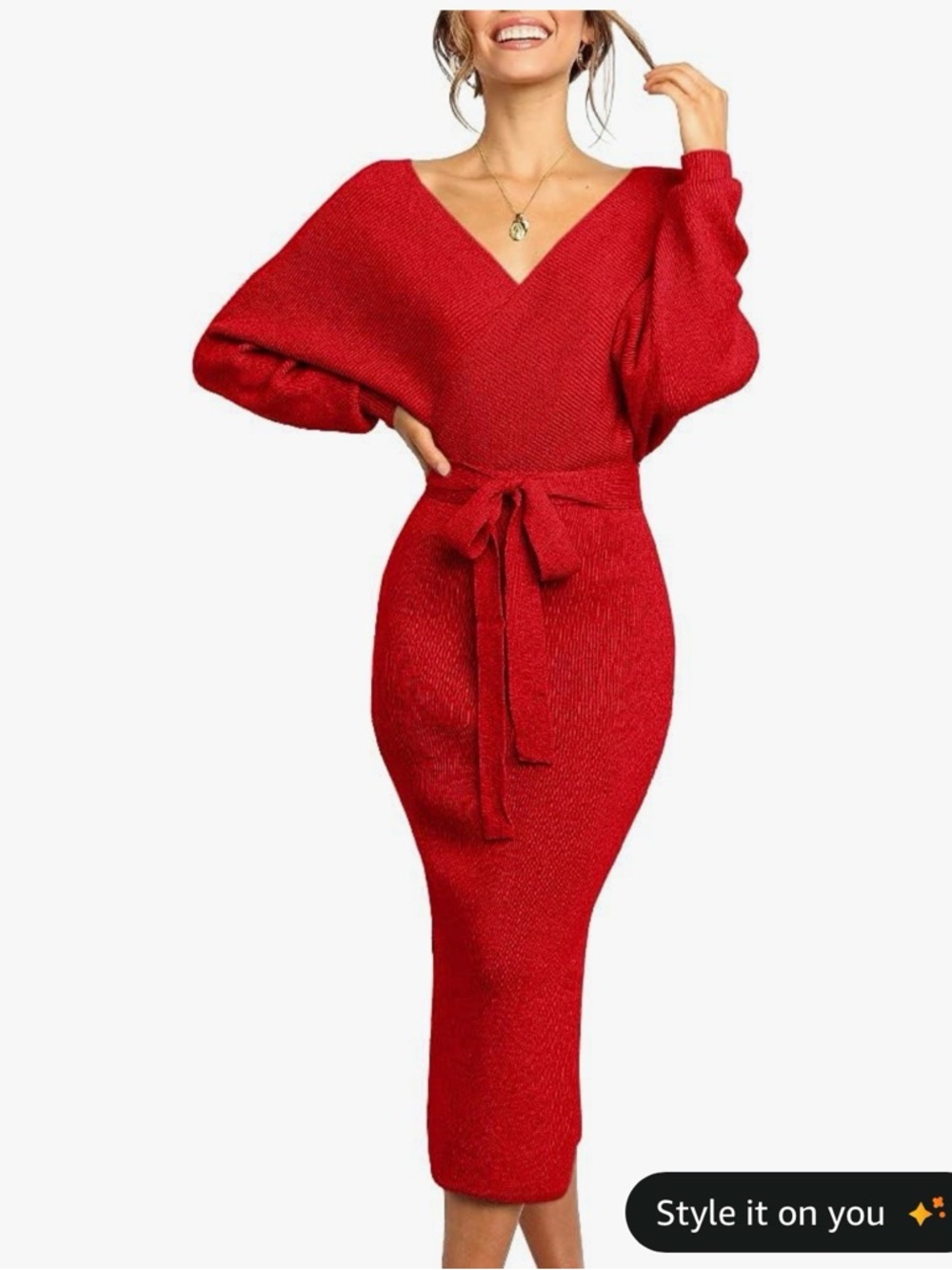 Amazon Red V-Neck Knit Midi Dress with Self-Tie Belt